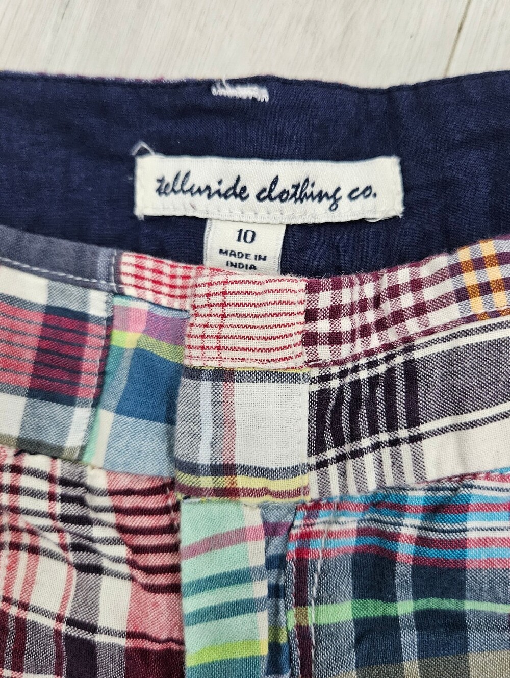 TELLURIDE Clothing Co Madras Plaid Patchwork Shorts Sz 10 Cotton Retro - Picture 2 of 7